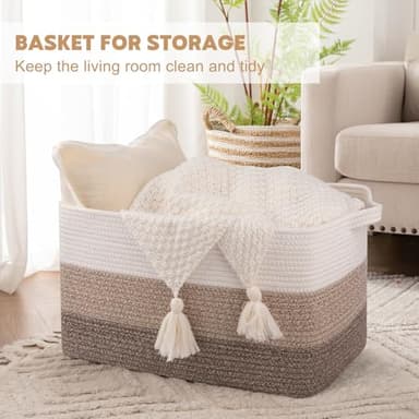 OIAHOMY Large Storage Basket, Cotton Rope Woven Blanket Basket, Toy Bin for Baby Room, Container for Blanket Storage in Living Room, 20''×16''×12'', Gradient Brown - Image 2