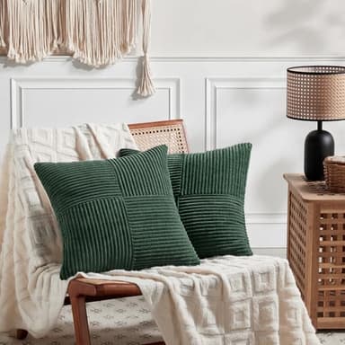 Fancy Homi Set of 2 Dark Green Decorative Throw Pillow Covers 20x20 Inch for Living Room Couch Bed, Boho Farmhouse Forest Green Home Decor, Soft Corss Corduroy Patchwork Textured Cushion Case - Image 6