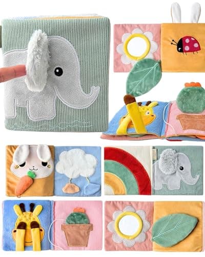 Cute Soft Baby Book with Mirror, Activities, Touch and Feel & Crinkle Pages - Interactive Sensory Cloth Toy for Babies 0-6, 6-12 & 12-18 Months - Adorable Animal Themes for Early Development - Image 1