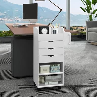 Nightcore Rolling Storage Drawer Cart, Mobile Chest of Drawers, 3 Shelves, 3 Slots, 2 Rolling Rods, Organizer Cabinet w/Lockable Casters, Wide Storage Space for Home Office, Living Room, Study (White) - Image 5