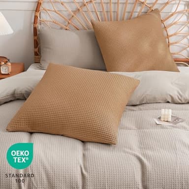 PHF 100% Cotton Waffle Weave Euro Shams 26"X26", No Filling, 2 Pack Elegant Home Decorative Euro Throw Pillow Covers for Bed Couch Sofa,Standstone - Image 2