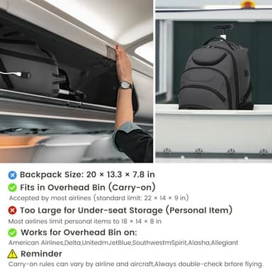 Boavan Rolling Backpack,17 inch Water Resistant Wheeled Backpack,Carry on Luggage Business Bag, Overnight College Computer bag Trolley Suitcase for Men Women Adults to Travel，Grey - Image 3