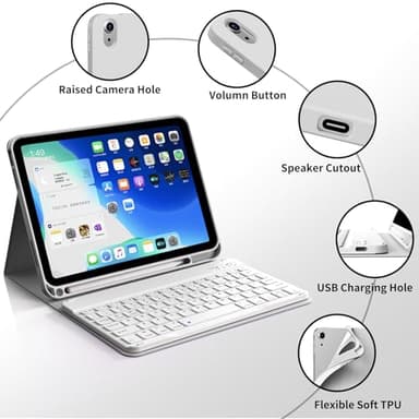 kenke for iPad 11/10th Gen Case with Keyboard 11/10.9 inch 2025 A16/2022, Detachable Wireless Bluetooth Keyboard Case Thin & Light with Built-in Left Side Pencil Holder, White Square Keycaps (Gray) - Image 8