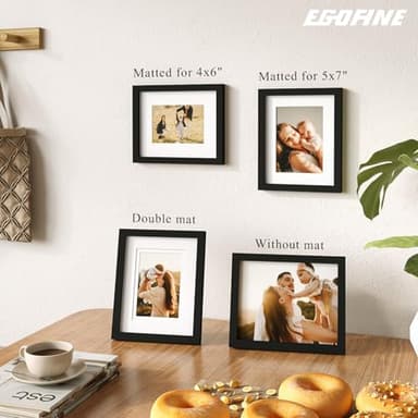 Egofine 8x10 Picture Frames Set of 4, Made of Solid Wood Covered by Plexiglass 4x6 and 5x7 with Mat or 8x10 without Mat, for Table Top Display and Wall Mounting Photo Frame Black - Image 2