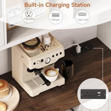 ONBRILL 71" Pantry Cabinet, Kitchen Pantry Storage Cabinet with LED Light & Outlet, Kitchen Hutch with Microwave Shelf & 6 Hook, Door Shelf & Drawer & Adjustable Shelf, Dining Room, Off White+Walnut - Image 4