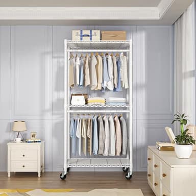 FUTASSI P1 Medium Heavy-Duty Portable Closet, 30" W x 14" D x 76" H, Metal Rolling Clothing Rack, White - Image 2