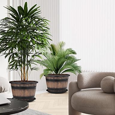 Quarut Large Plastic 3 Pack16 inch Plant Pots,Whiskey Barrel Planters with Drainage Holes & Saucer.Flower Pots Imitation Wine Barrel Design for Indoor & Outdoor Garden Balcony Plants.7 Gallons(Brown) - Image 5