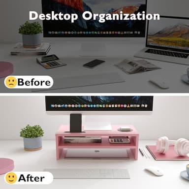 BONTEC Wooden Monitor Stand Riser, 2-Tier Desk Shelf with Storage Organizer, Ergonomic Computer Stand with Cable Management, Cellphone Holder, Pink, 16.5 Inch - Image 2