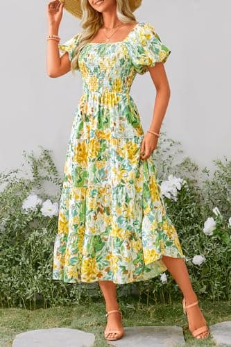 PRETTYGARDEN Women's Casual Summer Midi Dress Puffy Short Sleeve Square Neck Smocked Tiered Ruffle Dresses (Floral Yellow,Large) - Image 4