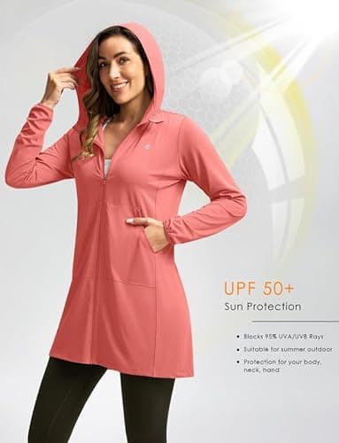 Women's UPF 50+ Swim Cover Up Sun Protection Hoodie Long Jacket SPF Lightweight Beach Cover Ups for Women(Coral,XXL) - Image 2