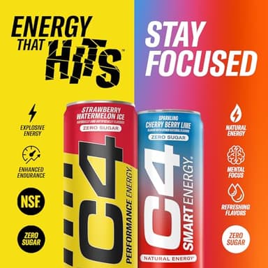 Cellucor C4 Performance & Smart Energy Drink Official Variety Pack | Zero Sugar Carbonated Preworkout Energy | 150+200mg Caffeine with Beta Alanine | 4 Flavors | 12 Fl Oz (12 Pack) - Image 2