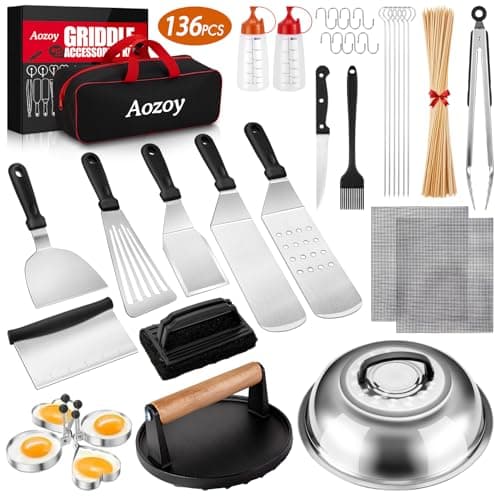 Griddle Accessories Kit - 136PCS Flat Top Grill Accessories for Blackstone and Camp Chef Metal Spatula Tools Set with Burger Press Scraper Tongs Carry Bag for Outdoor Grilling BBQ Cooking - Image 1