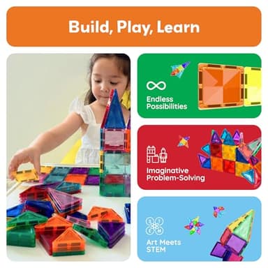 PicassoTiles 80 Pieces Magnetic Building Tiles Magnet Toys Diamond Educational Playset for STEM Sensory Gifts Kid Brain Development Stacking Blocks Construction Set - Image 3