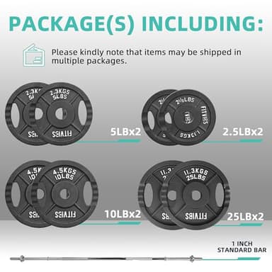 Fitvids Cast Iron 1" Standard Weight Plates Including 5FT Standard Barbell Bar & Star Locks, 95 Pounds Set (85 Lbs Plates + 10 Lbs Barbell Bar), Multiple Packages - Image 2