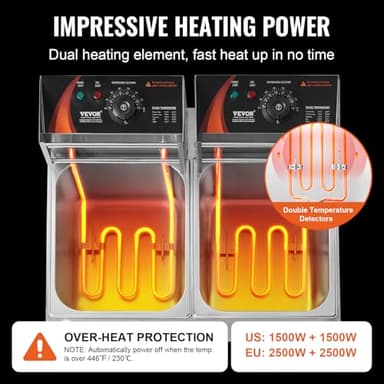 VEVOR Commercial Deep Fryer, Dual Tank 3000W Electric Countertop Fryer with Basket, 2 x 9.1Qt/8.6L Double Stainless Steel Oil Fryer, with Temp Control & Overheat Protection, for Kitchen Restaurant Use - Image 3