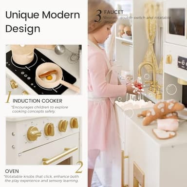 Tiny Land Play Kitchen for Kids, Toy Kitchen Set with Plenty of Play Features, New Modern Kids Wooden Play Kitchen Designed in Trendy Home Style with Curtains, Gift for Ages 3+ - Image 3