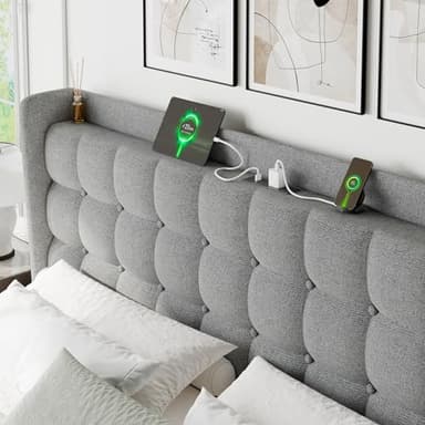 Feonase King Size Bed Frame with Charging Station, Upholstered Platform Bed with Wingback Storage Headboard, No Box Spring Needed, Noise-Free, Light Gray - Image 5