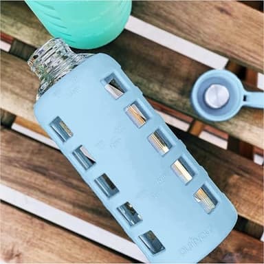 purifyou 40oz / 32oz / 22oz / 12oz Borosilicate Glass Water Bottle with Time & Volume Markers, Silicone Sleeve, Stainless Steel Lid | Reusable Glass Bottle for Water & Juice (22oz Ice Blue) - Image 7