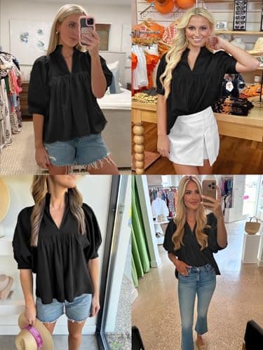 Cicy Bell Womens Puff Sleeve V Neck Blouse Babydoll Peplum Tops Dressy Casual Pleated Loose Fit Shirts Black - Image 6
