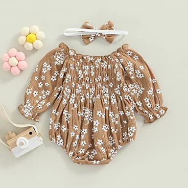 COORALLY 2pcs Baby Girl Smocked Bubble Romper Newborn Long Sleeve Off Shoulder Flowers Printed Ruffle Jumpsuit (A-Yellow, 12-18 Months) - Image 6