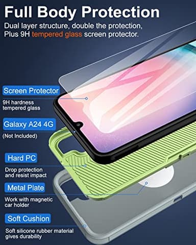Dahkoiz for Samsung Galaxy A24 4G Case, with Glass Screen Protector, Dustproof Port Cover, Magnetic Car Mount Support, Full-Body Silicone Rubber Drop-Proof Non-Slip Phone Case, Green/Grey - Image 3