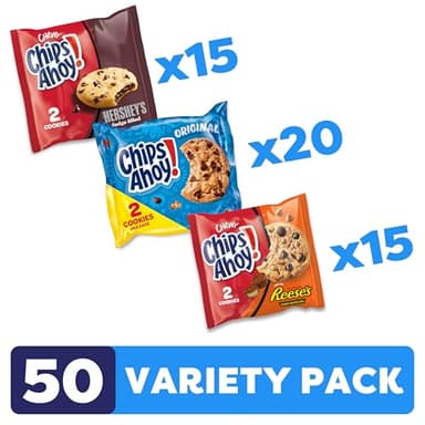 CHIPS AHOY! Cookies Variety Pack, Original Chocolate Chip, Chewy Chocolate Chip with Reese's Peanut Butter Cups & Chewy Hershey's Fudge Filled Soft Cookies, 50 Snack Packs - Image 3