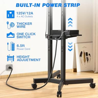 Rfiver Mobile TV Cart Rolling TV Stand with Power Outlet for 32-75 Inch Screens, Portable TV Stand on Wheels with Height Adjustment, Outdoor TV Mount Stand with Shelf Holds up to 88lbs for Home Office - Image 3