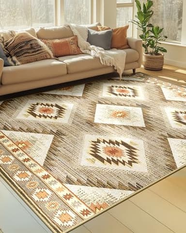 Area Rug 6x9 Rug Machine Washable Non-Slip Low Pile Print Pattern Western Rug for Living Room Bedroom Entryway Tribal Series -Cream/Camel - Image 4