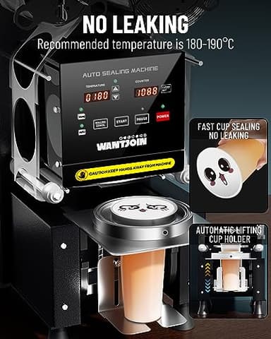 WantJoin Cup Sealing Machine Full Automatic Cup Sealer Machine 90/95mm Electric Cup Sealing Machine 500-600 Cups/H Digital Control LCD Panel Cup Sealer for Bubble Milk Tea Coffee Black - Image 4