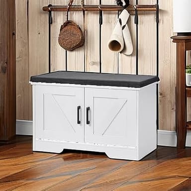 HOMSHO 2-Tier Storage Bench, 27.6" Wide Shoe Bench with Padded Seat Cushion, Entryway Bench with 2 Barn Doors and Adjustable Shelf, White - Image 5