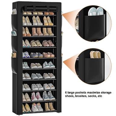 OYREL Large Shoe Rack, Black, 6 Side Pockets, 23.6" Wide x 11.4" Deep x 68.9" Tall, 36-41 Pairs of Shoes - Image 4