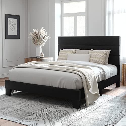 Allewie Queen Size Platform Bed Frame with Velvet Upholstered Headboard and Wooden Slats Support, Fully Upholstered Mattress Foundation/No Box Spring Needed/Easy Assembly, Black - Image 1