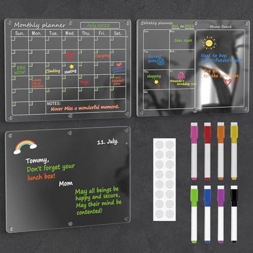 Magnetic Acrylic Calendar for Fridge,3 Pack 12"x16" Clear Fridge Calendar Dry Erase Planning Boards Set Includes 6 Colorful Highlight Markers,Magnetic Pen Holder and Erase Towel - Image 1