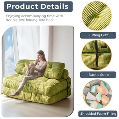 MAXYOYO Folding Sofa Bed, Convertible Sleeper Chair with Pilow Foldable Matress with Back Support, Portable Fold Out Chair Bed for Living Room Bedroom, Green Double - Image 5