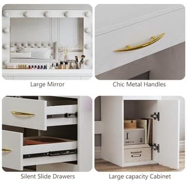 ALEXNUTRE Makeup Vanity Desk with Lights, 45.5" Large Vanity with Mirror and Lights in 3 Models, Vanity with Power Outlet, Vanity Desk with 5 Drawers, 2 Cabinets, Shelves for Bedroom, White - Image 4