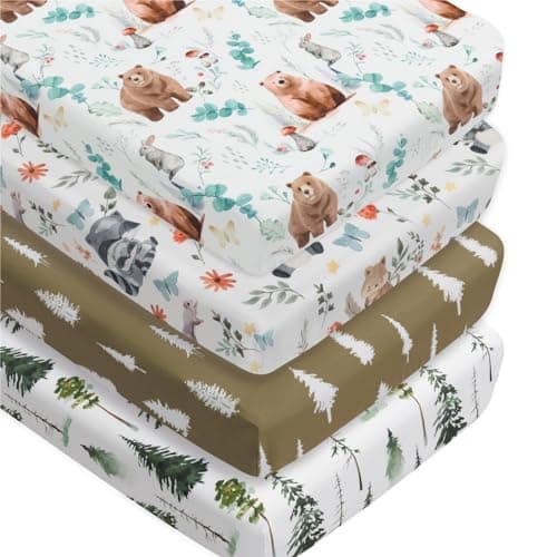 4 Pack Woodland Forest Animals Wood Neutral Unisex Fitted Baby Crib Sheets Set for Baby Boys or Girls (Cartoon Beer, 52 * 28) - Image 1
