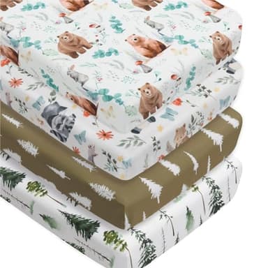 4 Pack Woodland Forest Animals Wood Neutral Unisex Fitted Baby Crib Sheets Set for Baby Boys or Girls (Cartoon Beer, 52 * 28) - Image 1