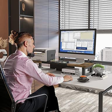 WESTREE Dual Monitor Stand Riser, Wood and Steel Multi-Purpose Desktop Storage Stand for 2 Monitors for Computer, Laptop, Printer, TV, Rustic Brown - Image 2