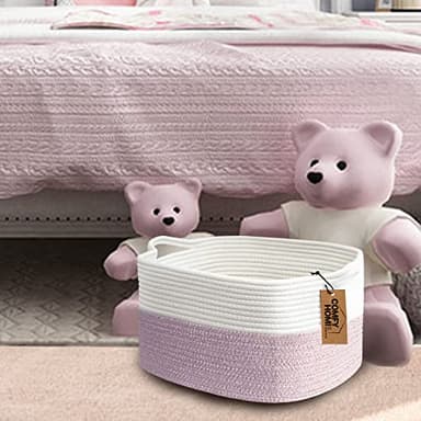 COMFY-HOMI Cotton Rope Woven Medium Basket with Handles for shelf,Cloth Storage Basket for Organizing-13.5X11X9.5 Storage Bin for Bedroom, Newborn or Infant Gift for boy girl (White/Pink) - Image 3
