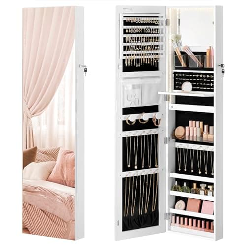 SONGMICS 55 Inches Tall Spacious Jewelry Cabinet, Jewelry Armoire with Light-Up Interior Mirror, Wall or Door Mounted Jewelry Storage Organizer, Lockable, Gift Idea, Cloud White UJJC032W01 - Image 1
