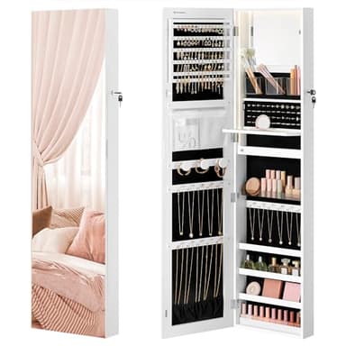 SONGMICS 55 Inches Tall Spacious Jewelry Cabinet, Jewelry Armoire with Light-Up Interior Mirror, Wall or Door Mounted Jewelry Storage Organizer, Lockable, Gift Idea, Cloud White UJJC032W01 - Image 1