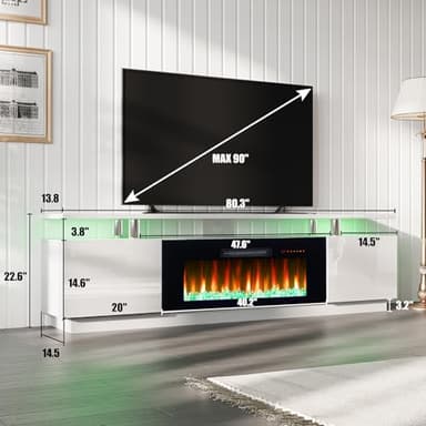 AMERLIFE Fireplace TV Stand with 40" Fireplace, 80" Modern High Gloss Fireplace Entertainment Center LED Lights, 2 Tier TV Console Cabinet for TVs Up to 90", Ivory White - Image 5