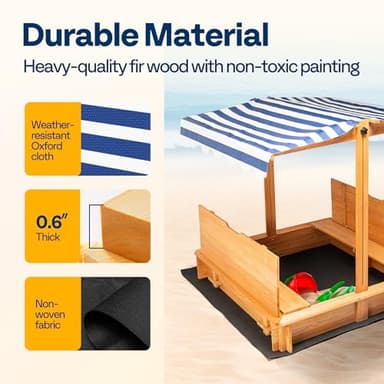 VIVOHOME 47" Solid Fir Wooden Sandbox with Adjustable Sun Canopy & Foldable Benches, Outdoor Play for Kids, Weather-Resistant Design, Drainage Liner & UV Protection for Backyard/Beach - Image 5