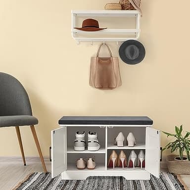 HOMSHO 2-Tier Storage Bench, 27.6" Wide Shoe Bench with Padded Seat Cushion, Entryway Bench with 2 Barn Doors and Adjustable Shelf, White - Image 2