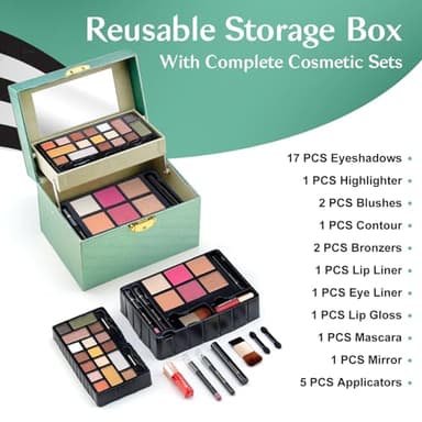 Color Nymph Makeup Kit For Teens Girls, Makeup Set For Little Girls With Key-Lockable Storage Case Included 17-Colors Eyeshadows, Blush, Bronzer, Highlighter, Contour, Lipstick Brushes Mirror (Green) - Image 2