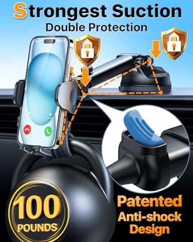 HTU 2025 Best Car Phone Holder 【Ultimate 5-in-1 & Upgraded 100+LBS Strongest Suction】【True Military-Grade & Safety Cert】 360° Windshield Dashboard Vent Mount Stand for iPhone Android & Truck, Black - Image 3