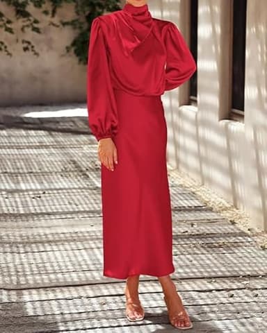 BTFBM Womens Mock Neck Satin Dress Summer Fall 2025 Long Sleeve High Waist Formal Wedding Party Maxi Cocktail Dresses(Red, X-Large) - Image 6