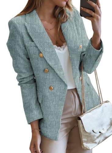 Happy Sailed Business Casual Blazer Jackets for Women Long Sleeve Double Breasted Tweed Blazers Formal Lapel Collar Open Front Office Professional Jackets Work Suits Blue Large - Image 1