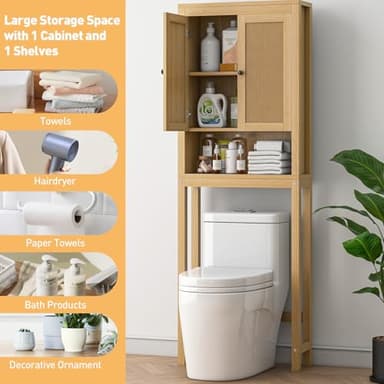 knoworld Rattan Over The Toilet Storage Cabinet, Above Toilet Bathroom Organizer with Adjustable Shelf, Behind Toilet Cabinet, Space Saver for Restroom, Bathroom, Laundry, Wood Rack, Natural - Image 7