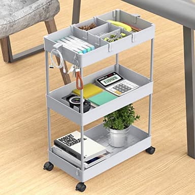 SPACELEAD 3 Tier Rolling Cart with Wheels, Storage Craft Art Trolley Organizer Serving, 3 Hanging Baskets Easy Assembly, for Office, Living Room, Kitchen, Gray - Image 6